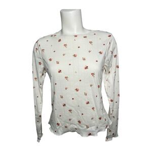 No Comment White Floral Long Sleeve Pointelle Fitted Shirt‎ Sz Large New
